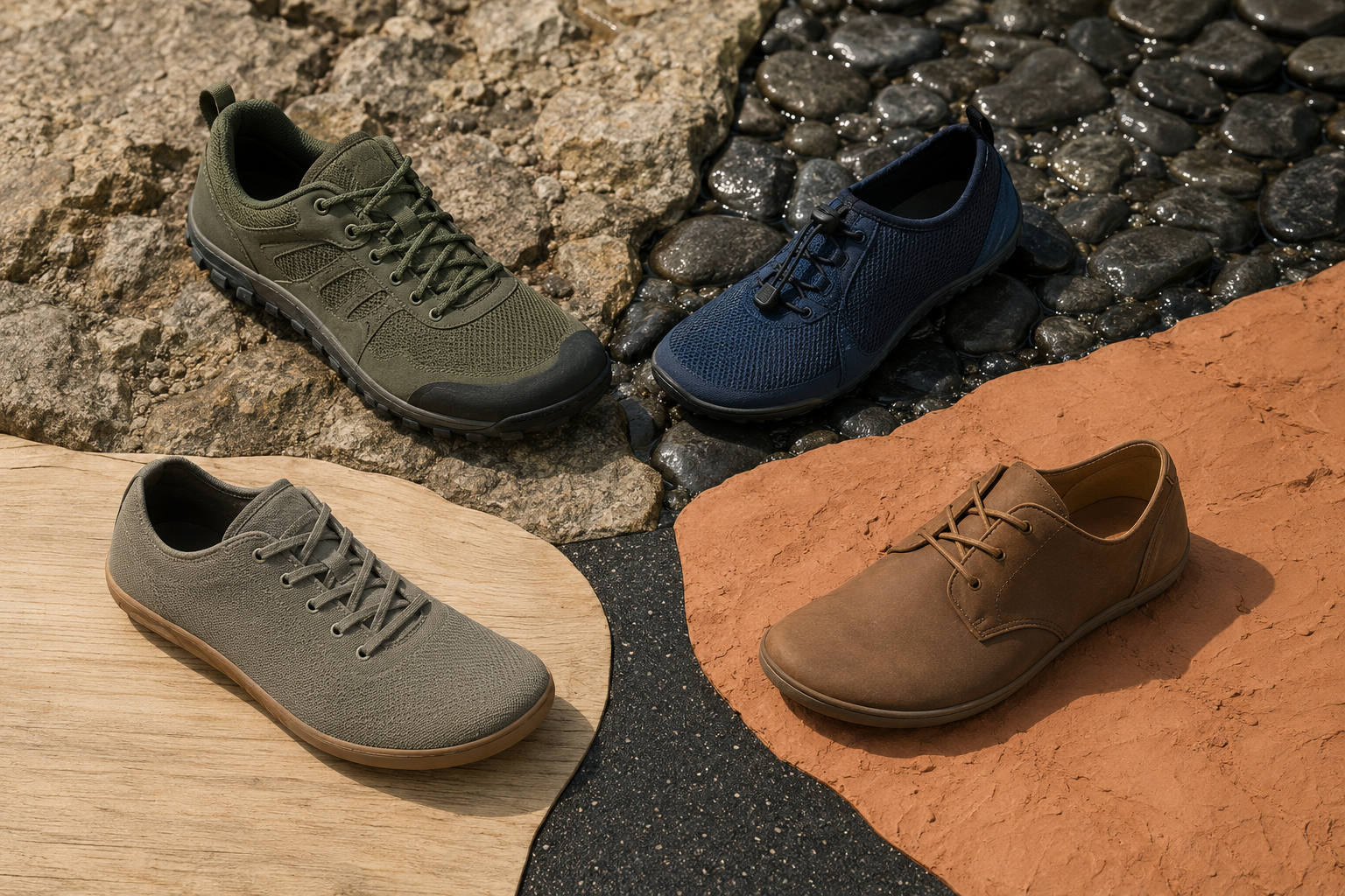 Minimalist walking, trail, water and casual shoes on natural material surfaces